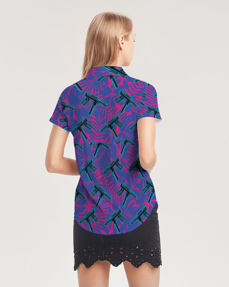 9 Lives Women's All-Over Print Short Sleeve Button Up