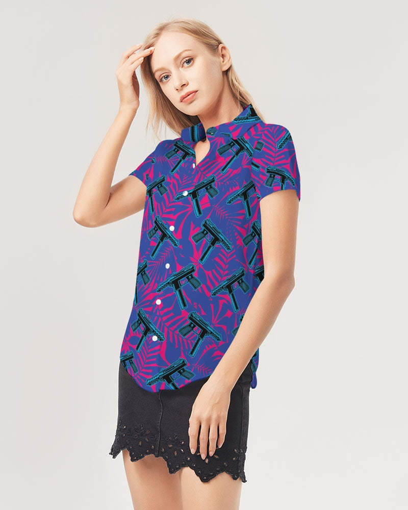 9 Lives Women's All-Over Print Short Sleeve Button Up