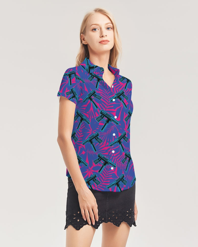 9 Lives Women's All-Over Print Short Sleeve Button Up