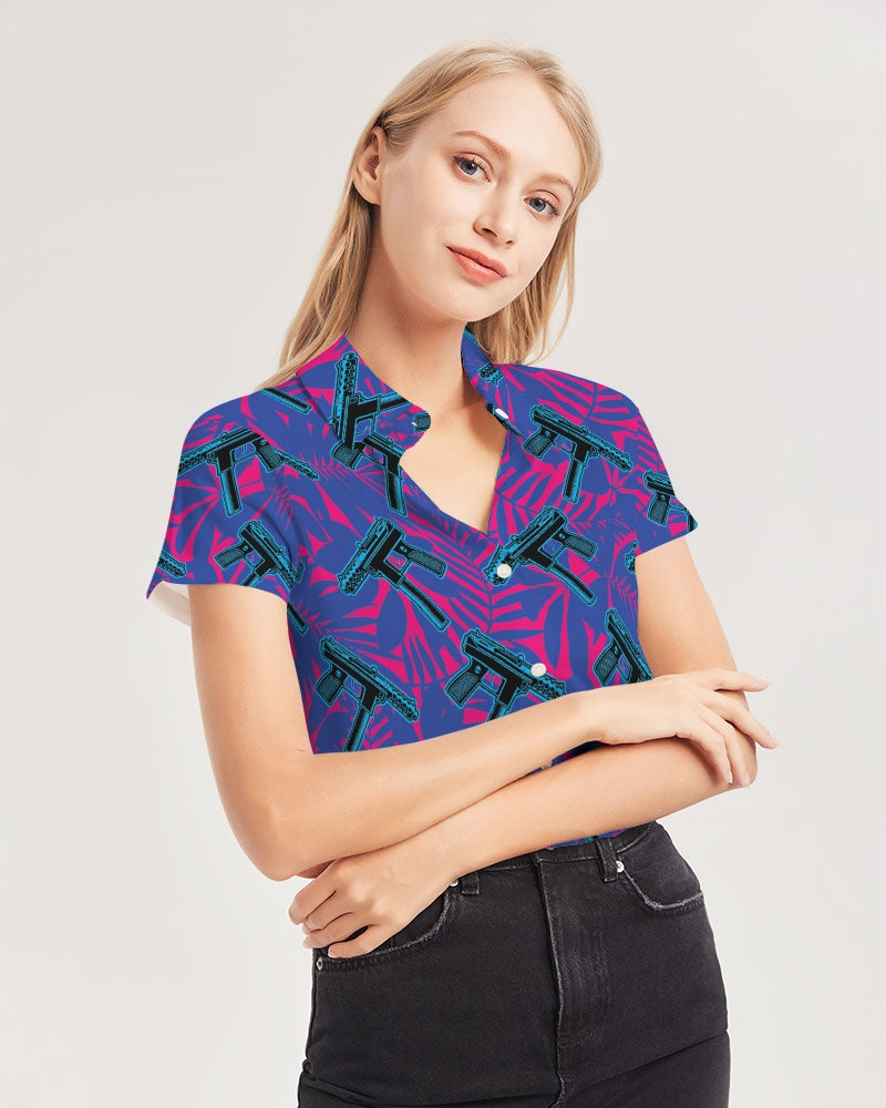 9 Lives Women's All-Over Print Short Sleeve Button Up