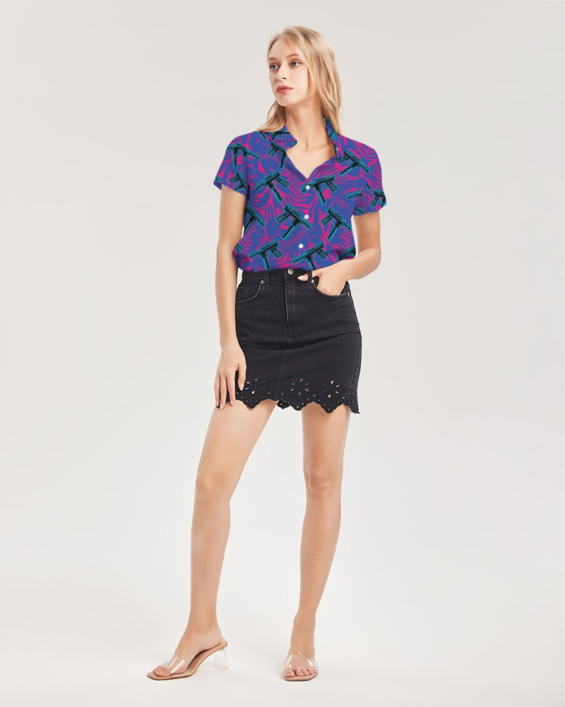 9 Lives Women's All-Over Print Short Sleeve Button Up