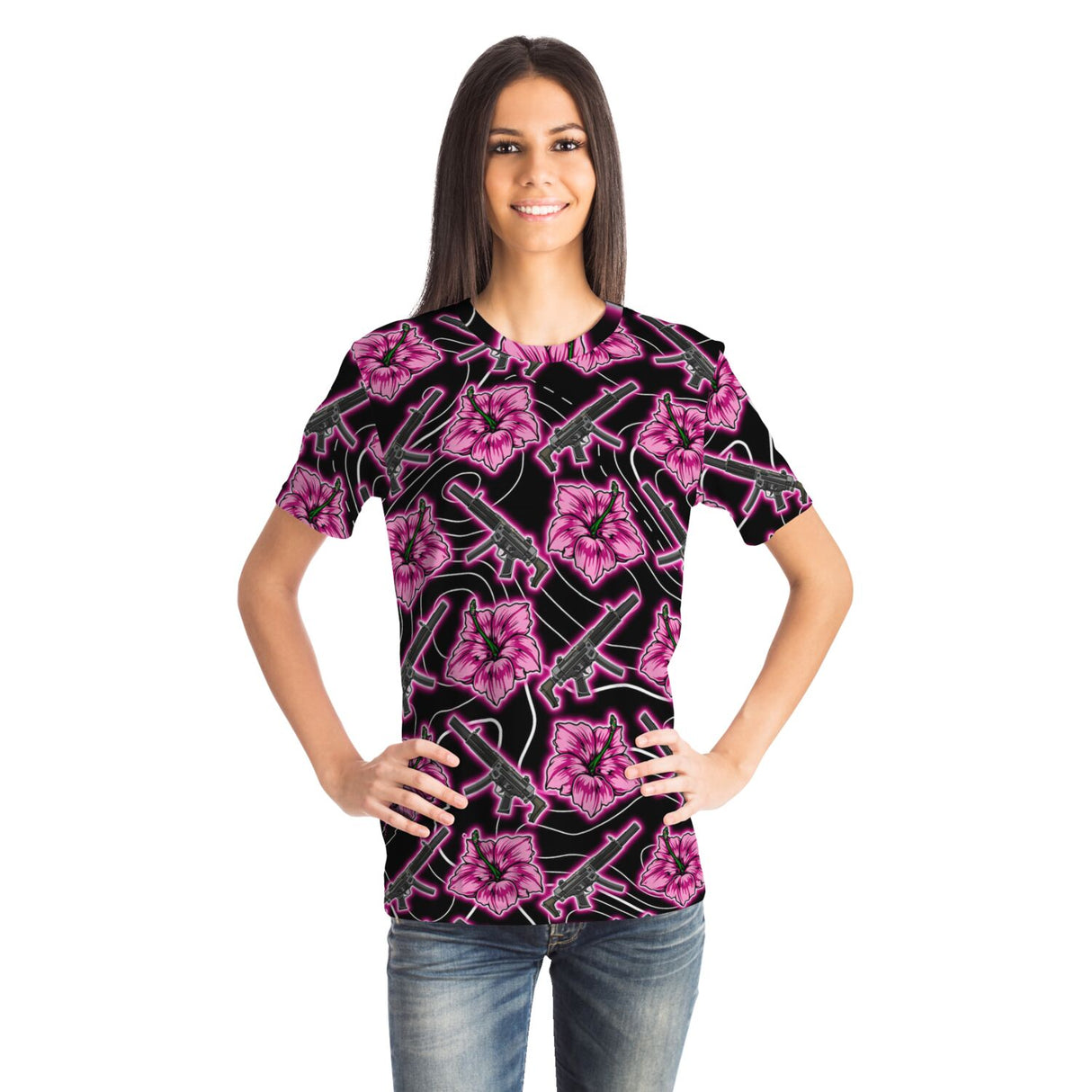 Camiseta unisex negra neón Hibiscus de alta capacidad de Rad Palm