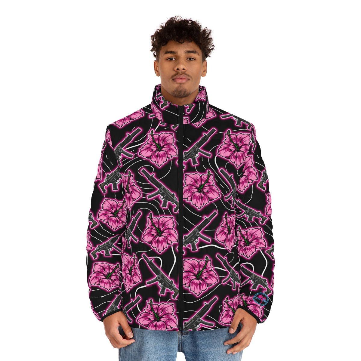Chaqueta acolchada negra neón Hibiscus de alta capacidad para hombre de Rad Palm