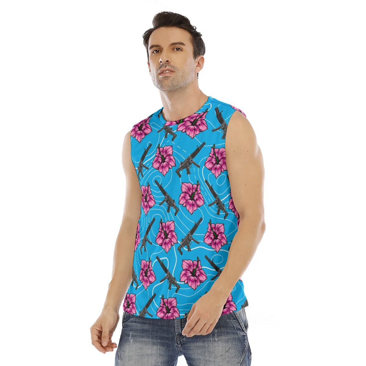 Camiseta sin mangas con cuello redondo para hombre en azul hibisco de alta capacidad Rad Palm