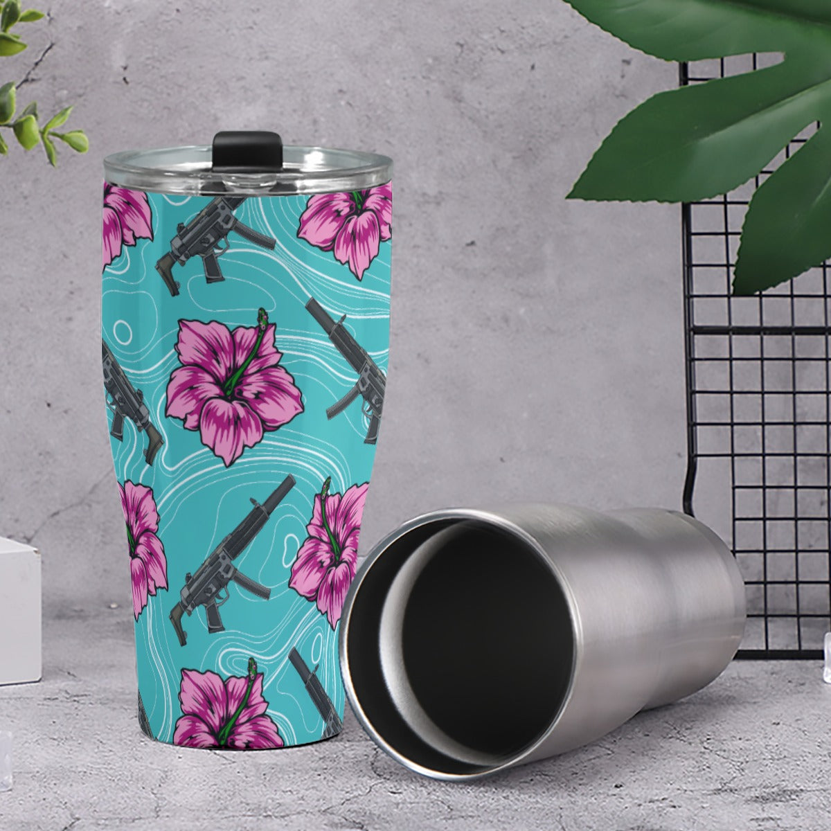 Vaso de 30 oz de color verde azulado con hibisco de gran capacidad