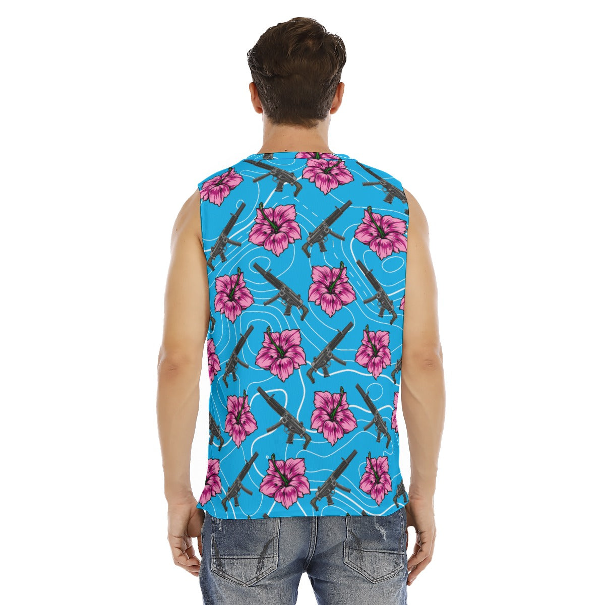 Camiseta sin mangas con cuello redondo para hombre en azul hibisco de alta capacidad Rad Palm