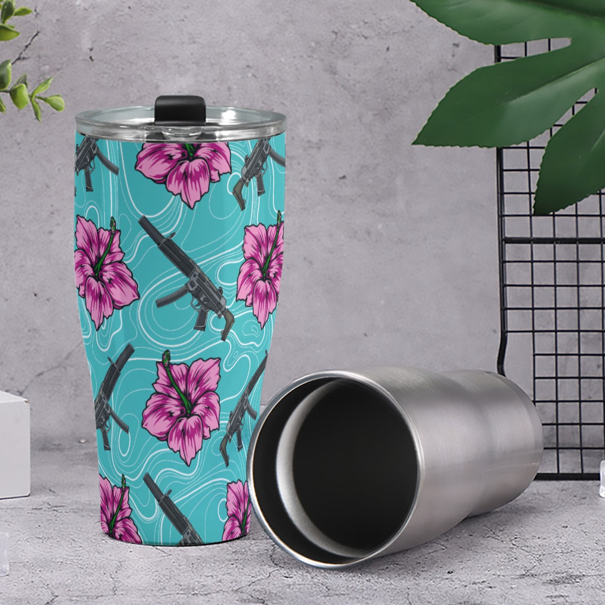 Vaso de 30 oz de color verde azulado con hibisco de gran capacidad
