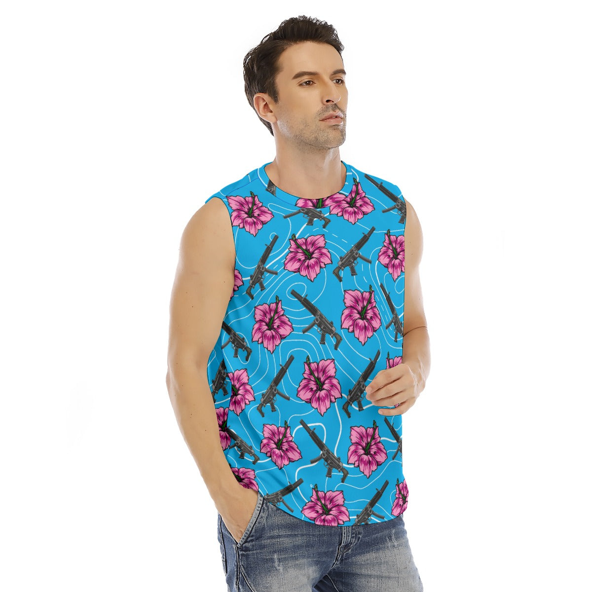 Camiseta sin mangas con cuello redondo para hombre en azul hibisco de alta capacidad Rad Palm