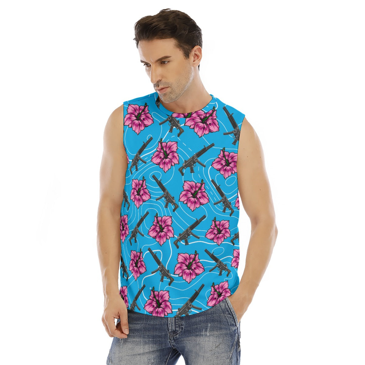 Camiseta sin mangas con cuello redondo para hombre en azul hibisco de alta capacidad Rad Palm
