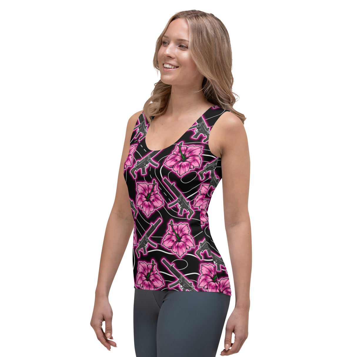 Rad Palm High Capacity Hibiscus Black Neon Tank Top