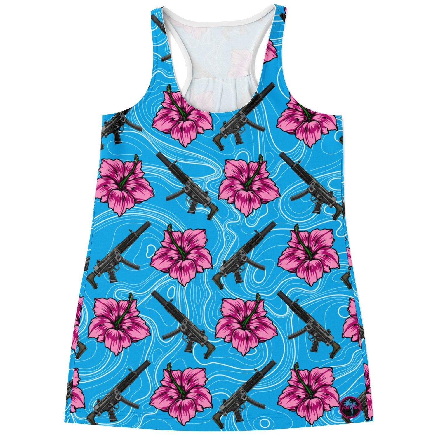 Rad Palm High Capacity Hibiscus Blue Flowy Racerback Tank Top