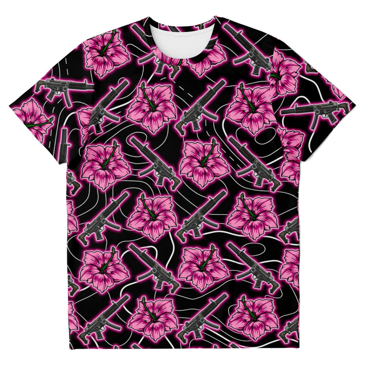 Camiseta unisex negra neón Hibiscus de alta capacidad de Rad Palm