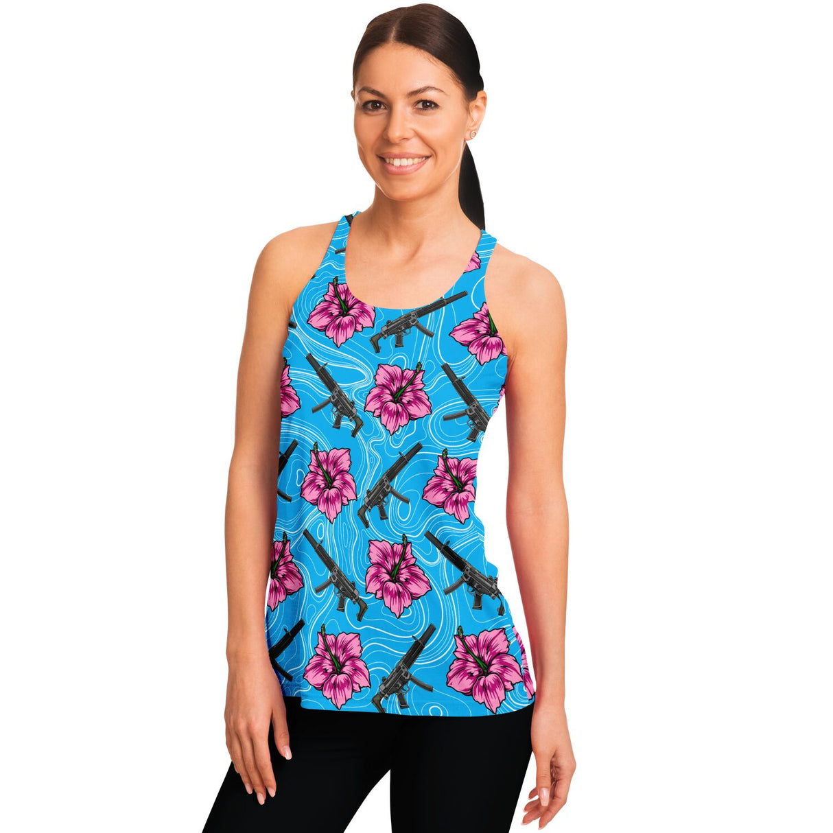 Rad Palm High Capacity Hibiscus Blue Flowy Racerback Tank Top