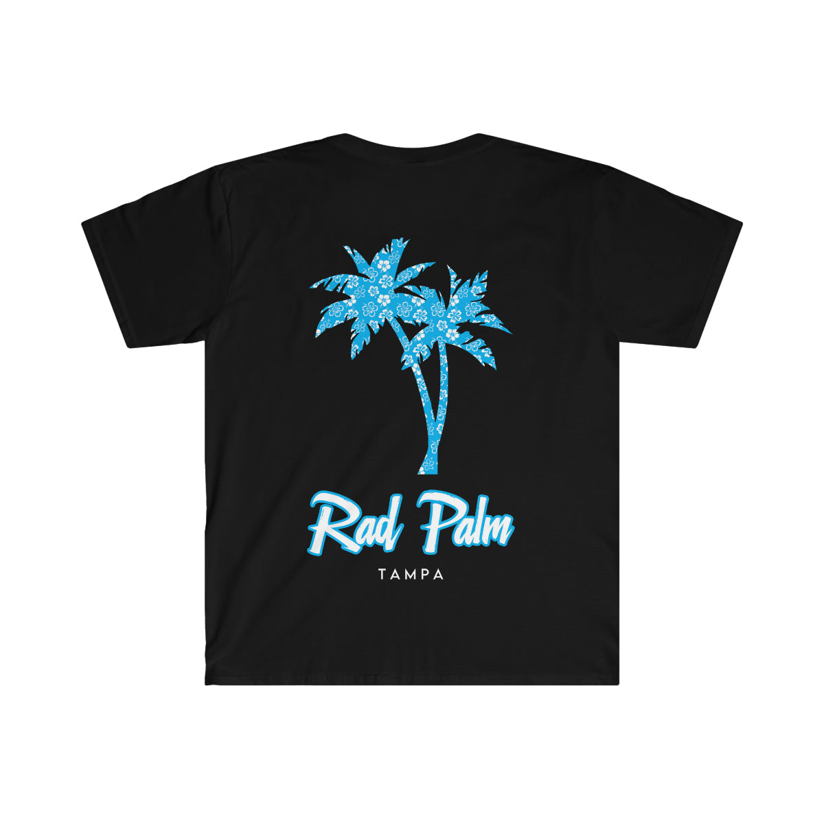Camiseta unisex de estilo suave con palmeras de hibisco azul Rad Palm