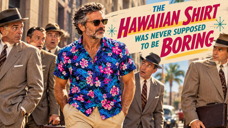 Man in a bold pink and blue floral Hawaiian shirt walking past 1950s businessmen in gray suits