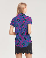 9 Lives Women's All-Over Print Short Sleeve Button Up