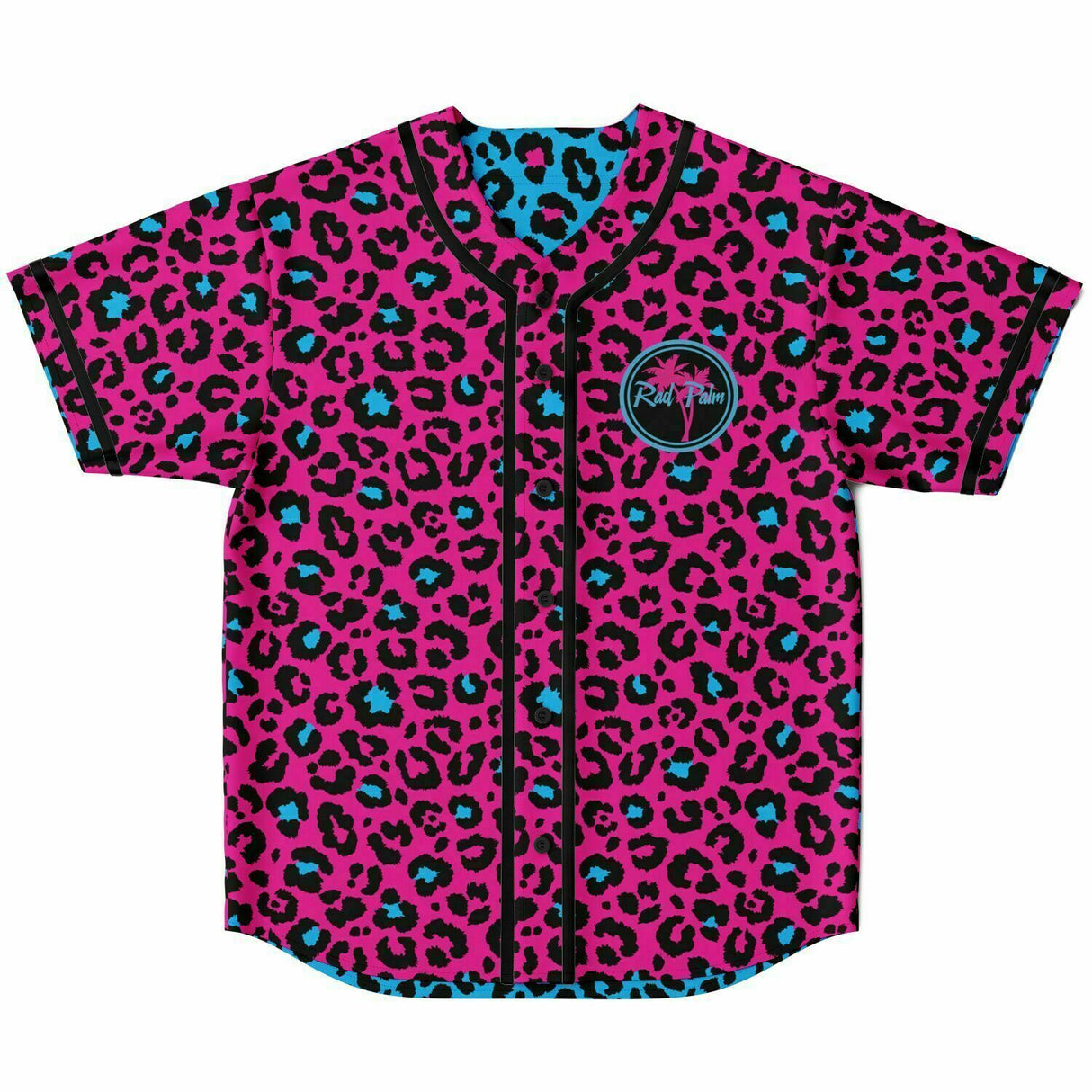 Camiseta de béisbol reversible con estampado de leopardo rosa y azul 