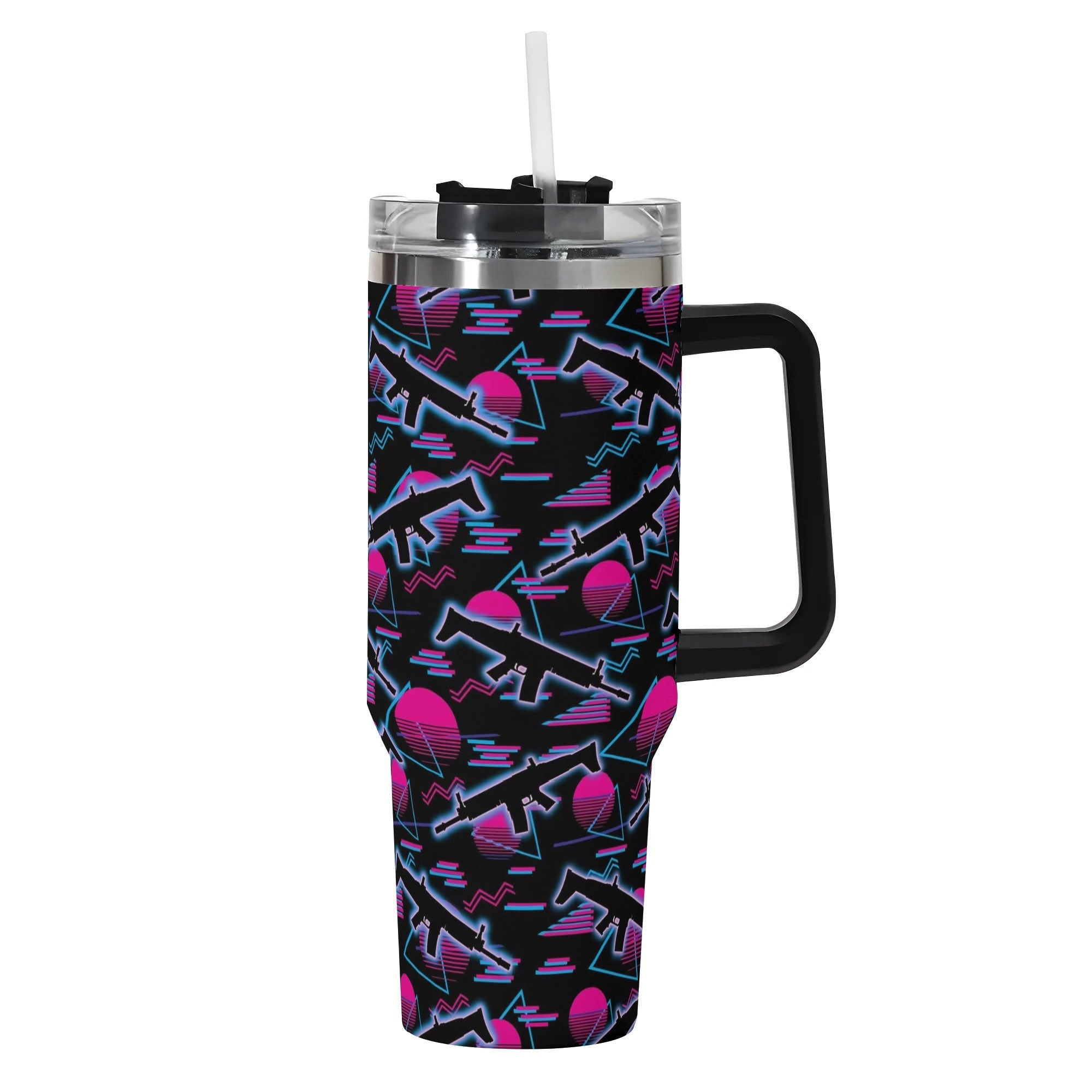 Miami Nights 40oz Stainless Steel Tumbler Gift With Black Handle and Straw