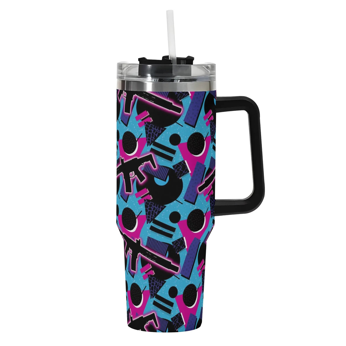 Vaso de acero inoxidable de 40 oz con asa y pajita de color negro de Honey Badger