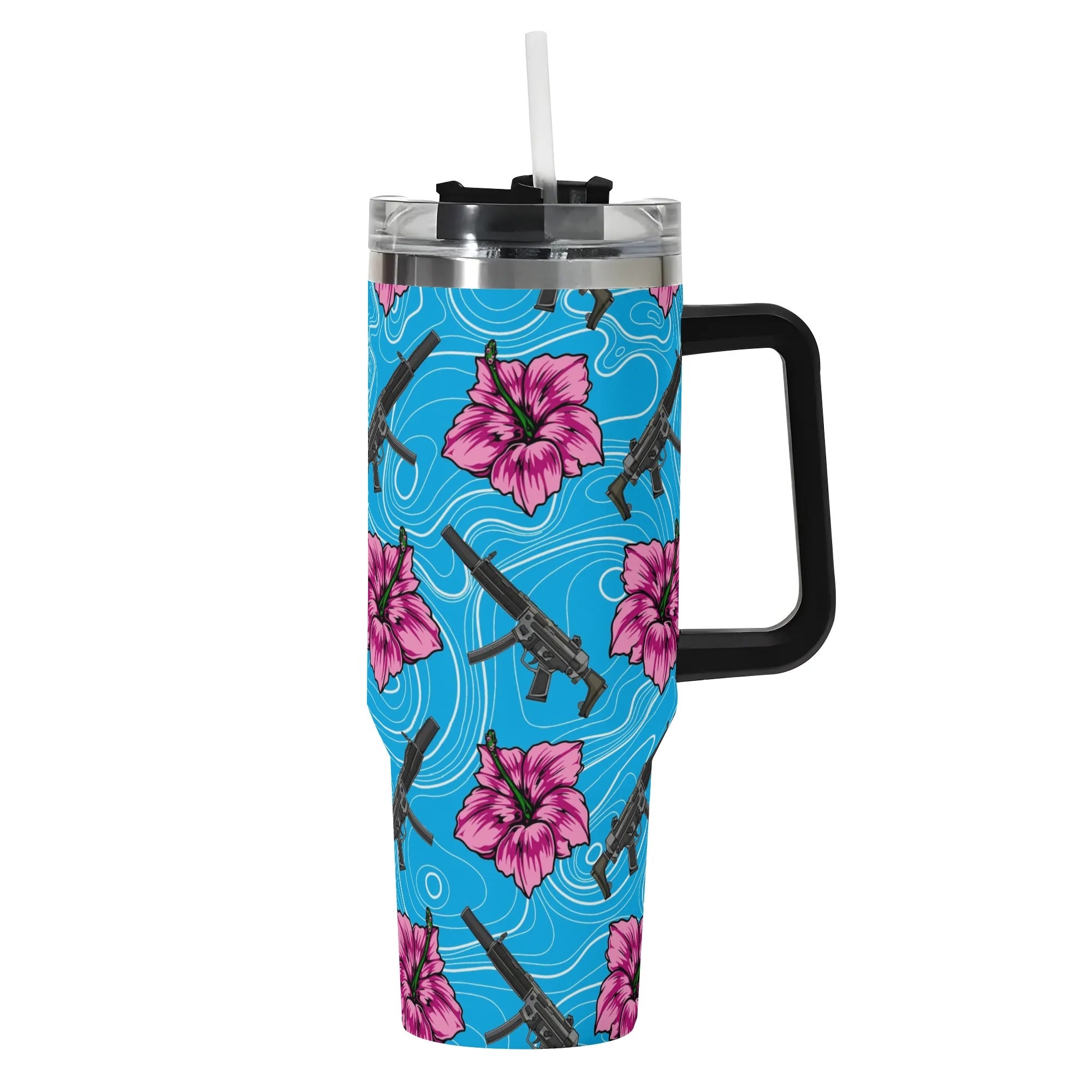 High Capacity Hibiscus Blue 40oz Stainless Steel Tumbler Gift With Black Handle and Straw