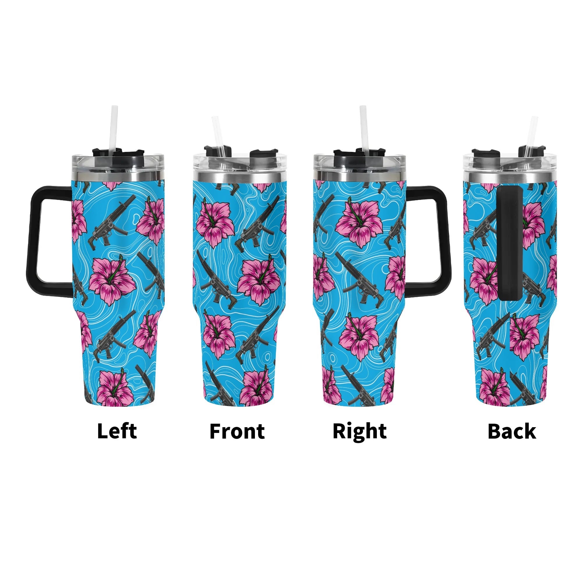 High Capacity Hibiscus Blue 40oz Stainless Steel Tumbler Gift With Black Handle and Straw