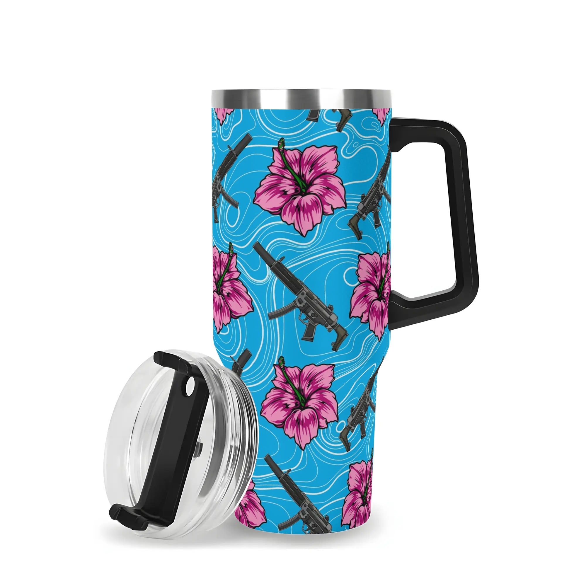 High Capacity Hibiscus Blue 40oz Stainless Steel Tumbler Gift With Black Handle and Straw