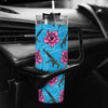 High Capacity Hibiscus Blue 40oz Stainless Steel Tumbler Gift With Black Handle and Straw