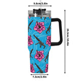 Vaso de acero inoxidable azul hibisco de gran capacidad de 40 oz con asa y pajita negras