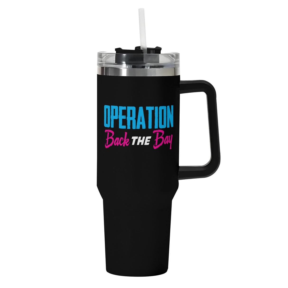 Vaso de acero inoxidable de 40 oz con asa y pajita negras de Operation Back The Bay