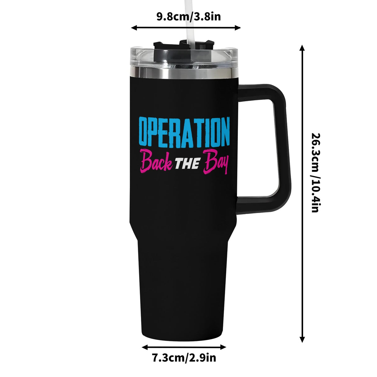 Vaso de acero inoxidable de 40 oz con asa y pajita negras de Operation Back The Bay