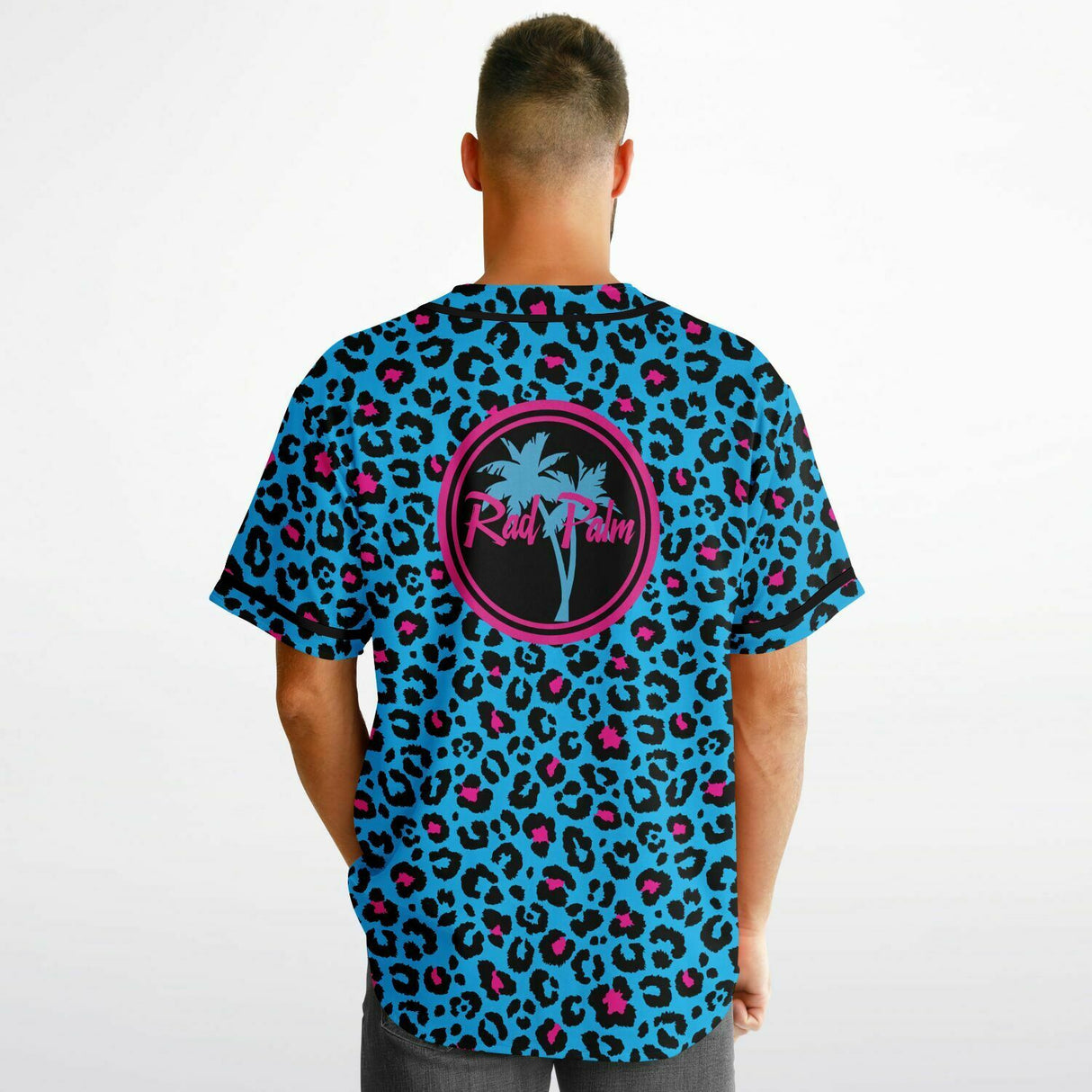 Camiseta de béisbol reversible con estampado de leopardo rosa y azul 