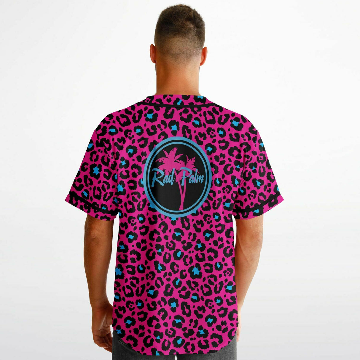 Camiseta de béisbol reversible con estampado de leopardo rosa y azul 