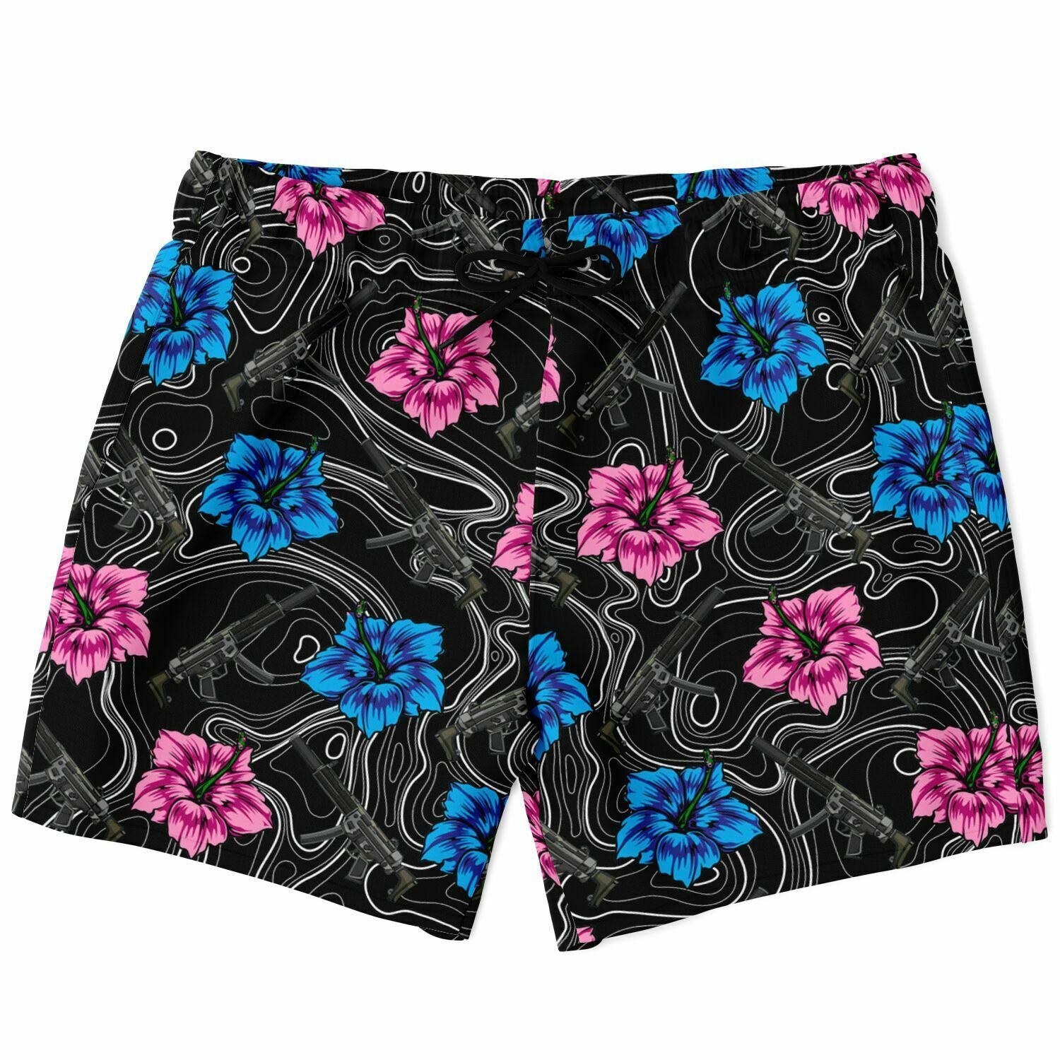 Rad Palm High Capacity Hibiscus Black Men's Swim Trunks