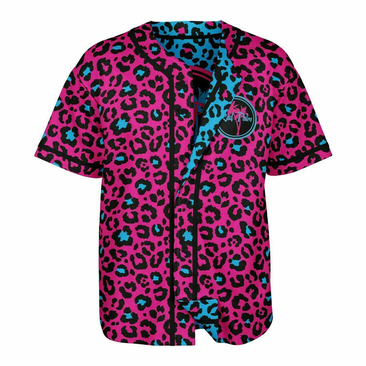 Camiseta de béisbol reversible con estampado de leopardo rosa y azul 