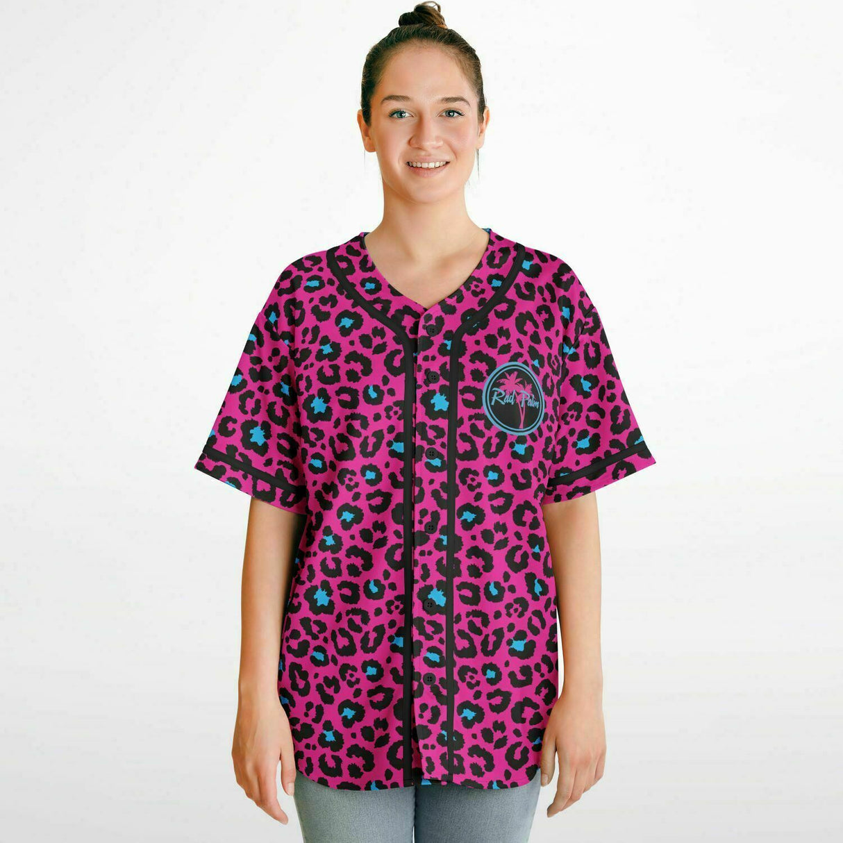 Camiseta de béisbol reversible con estampado de leopardo rosa y azul 