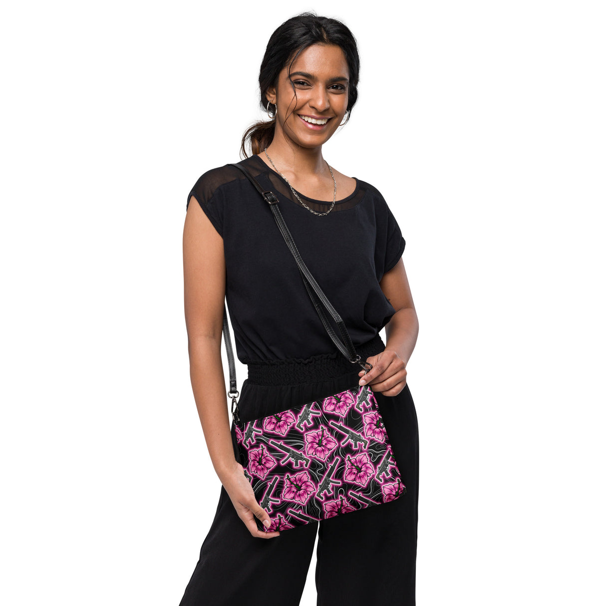 Bolso bandolera de neón negro Hibiscus de gran capacidad