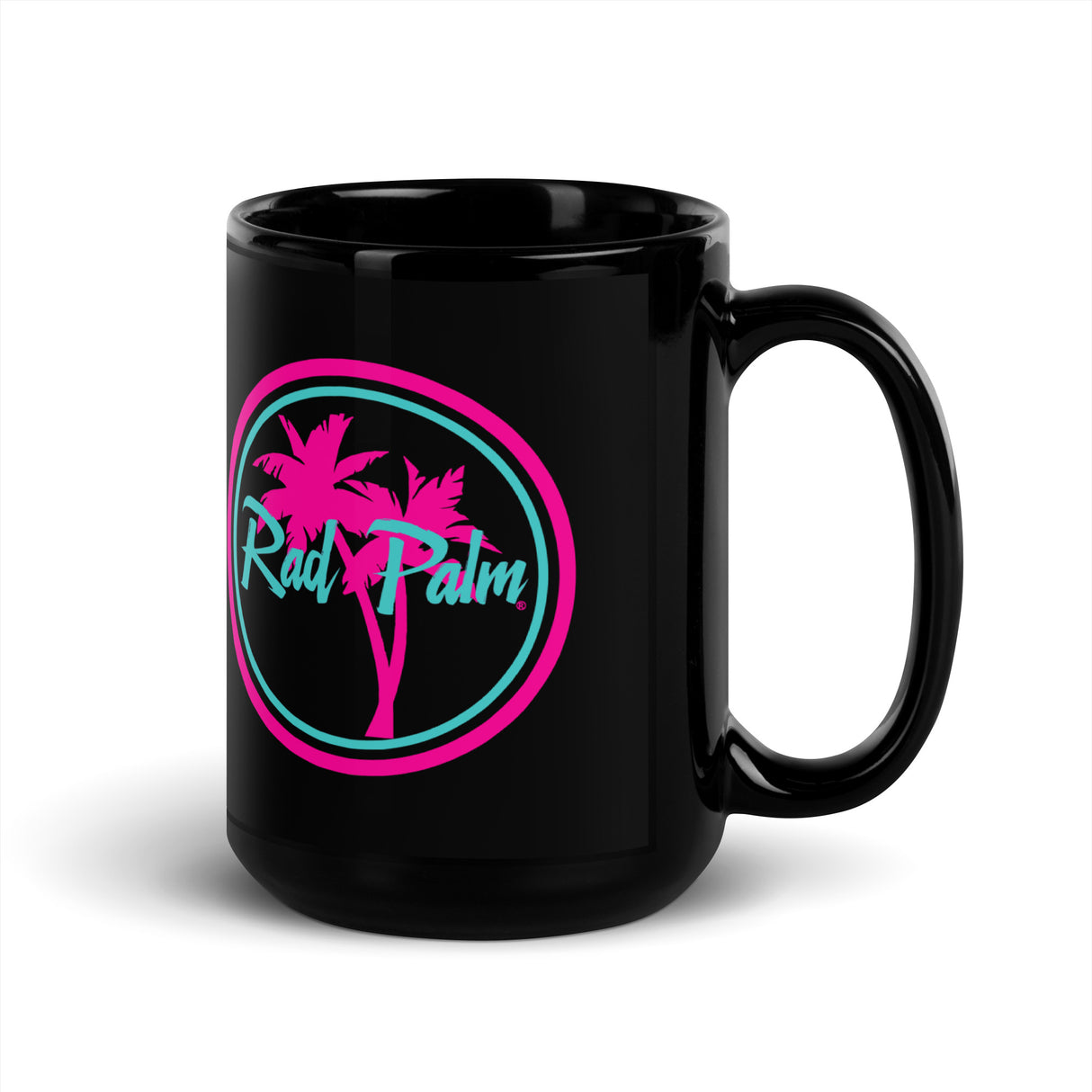 Taza negra brillante con el logotipo de Rad Palm