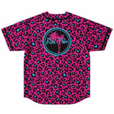 Camiseta de béisbol reversible con estampado de leopardo rosa y azul 