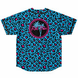 Camiseta de béisbol reversible con estampado de leopardo rosa y azul 