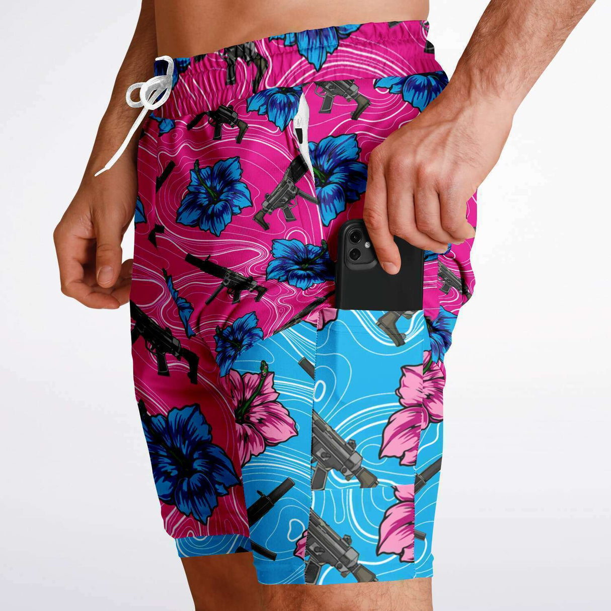 Pantalones cortos 2 en 1 de alta capacidad para hombre en color rosa hibisco