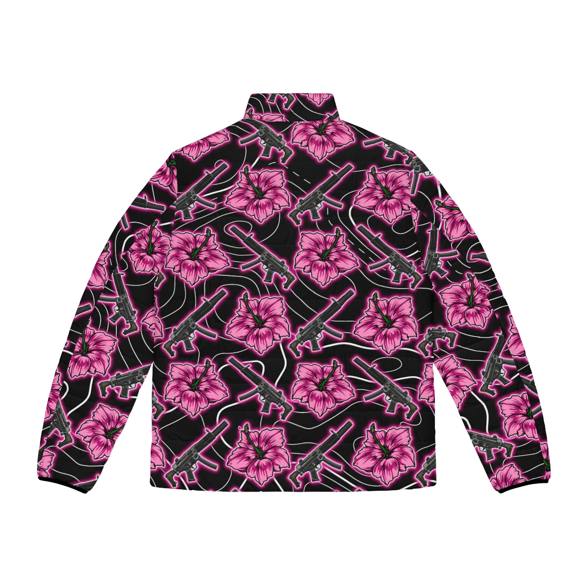 Rad Palm High Capacity Hibiscus Black Neon Men's Puffer Jacket