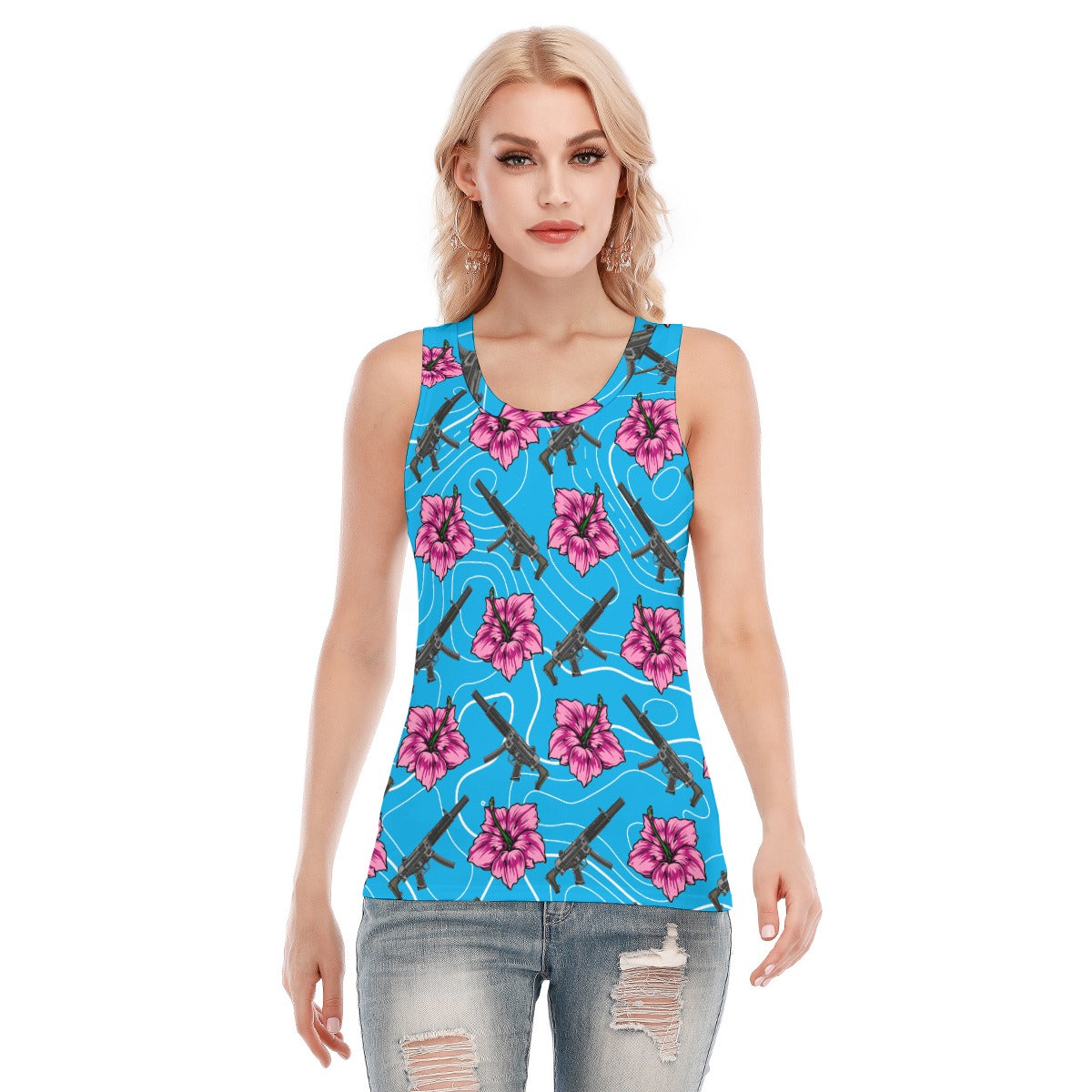 High Capacity Hibiscus Blue Women's Skinny Sport Tank Top