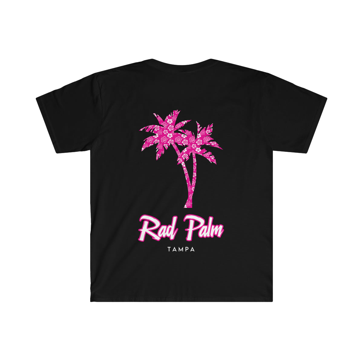 Camiseta unisex de estilo suave con palmeras de hibisco rosa de Rad Palm 