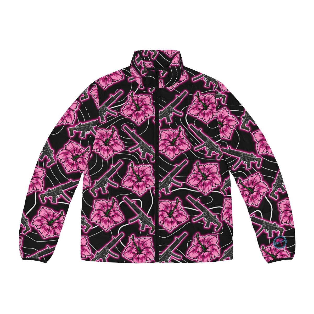 Rad Palm High Capacity Hibiscus Black Neon Men's Puffer Jacket