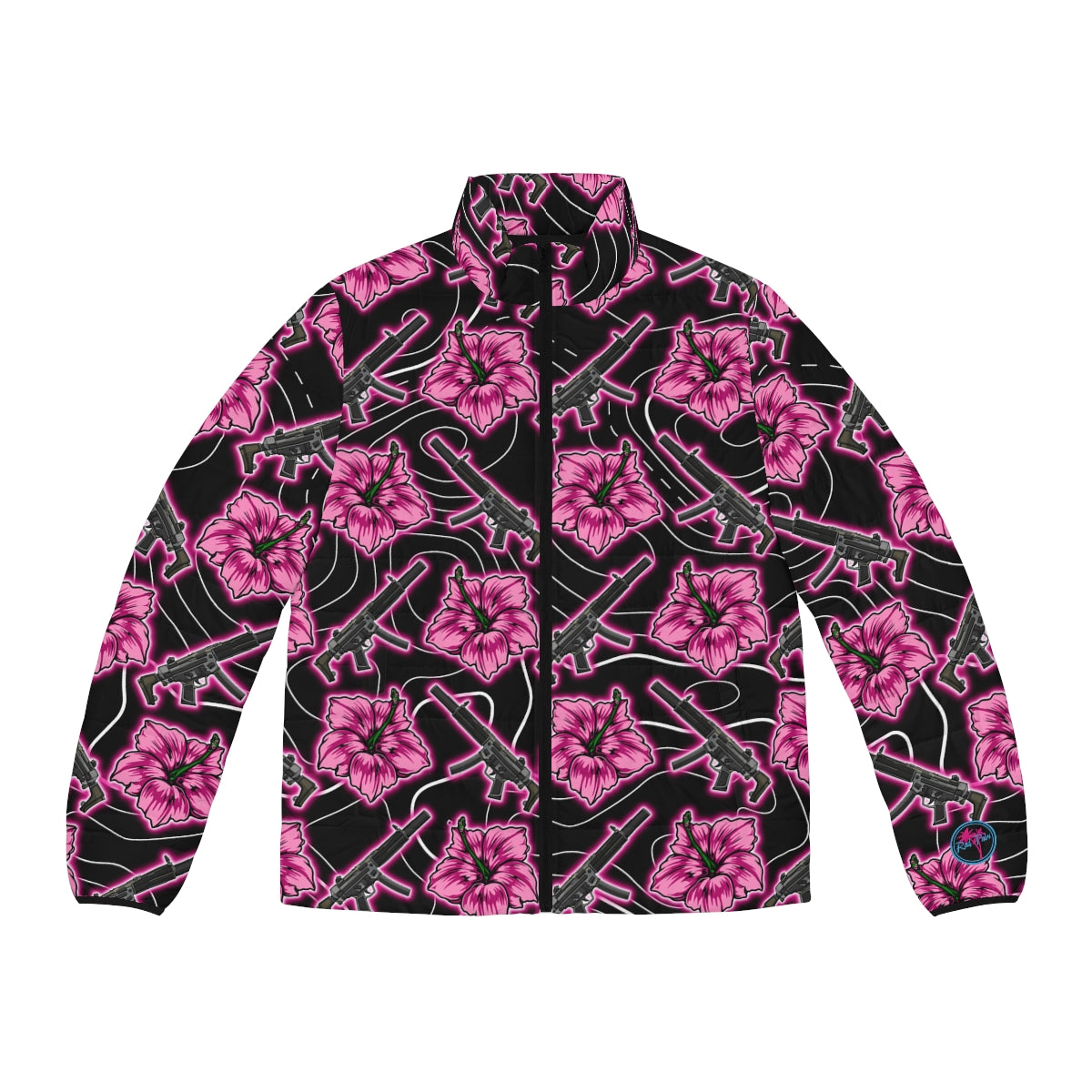 Chaqueta acolchada negra neón Hibiscus de alta capacidad para hombre de Rad Palm 