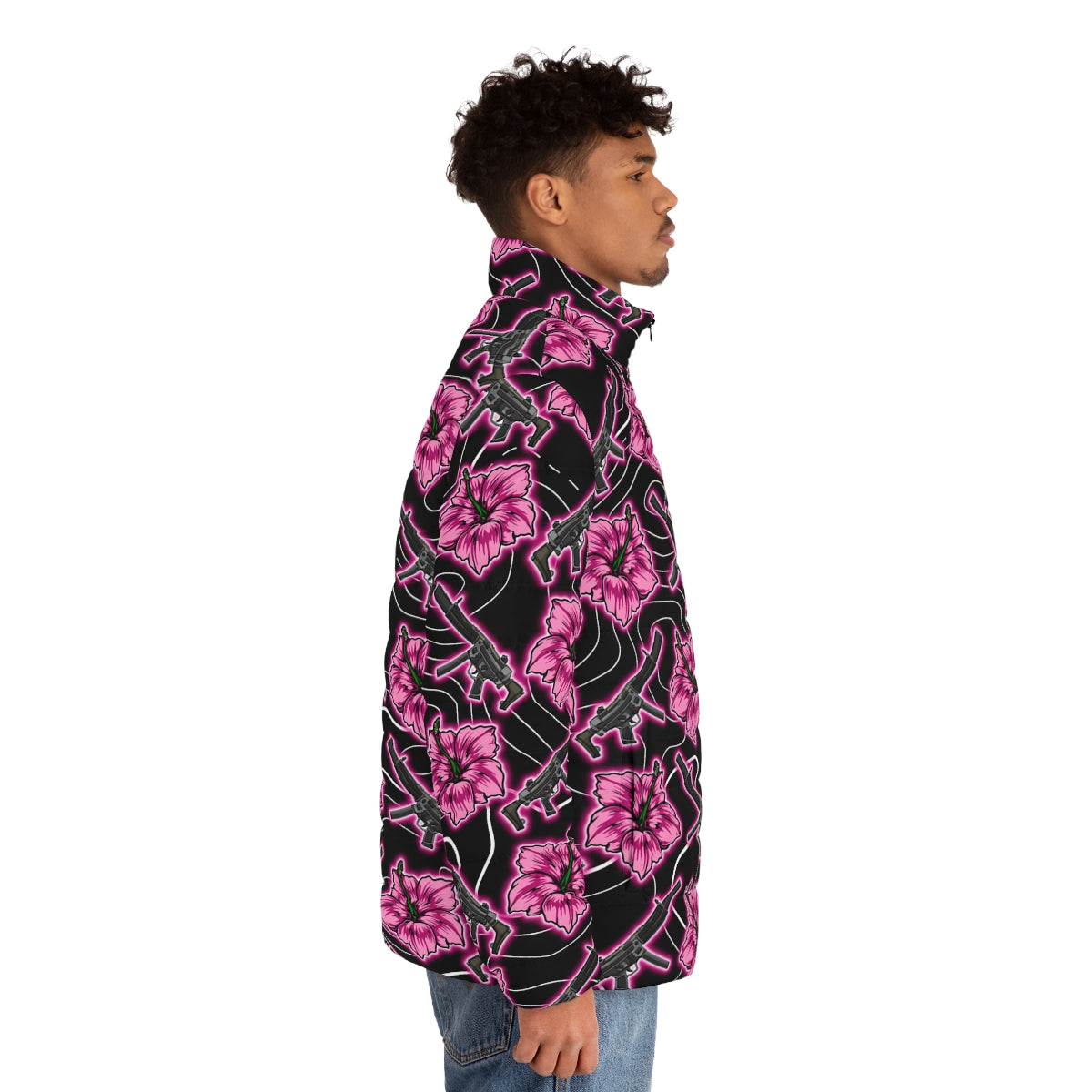 Chaqueta acolchada negra neón Hibiscus de alta capacidad para hombre de Rad Palm 