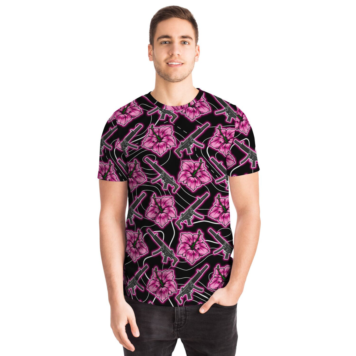 Camiseta unisex negra neón Hibiscus de alta capacidad de Rad Palm 