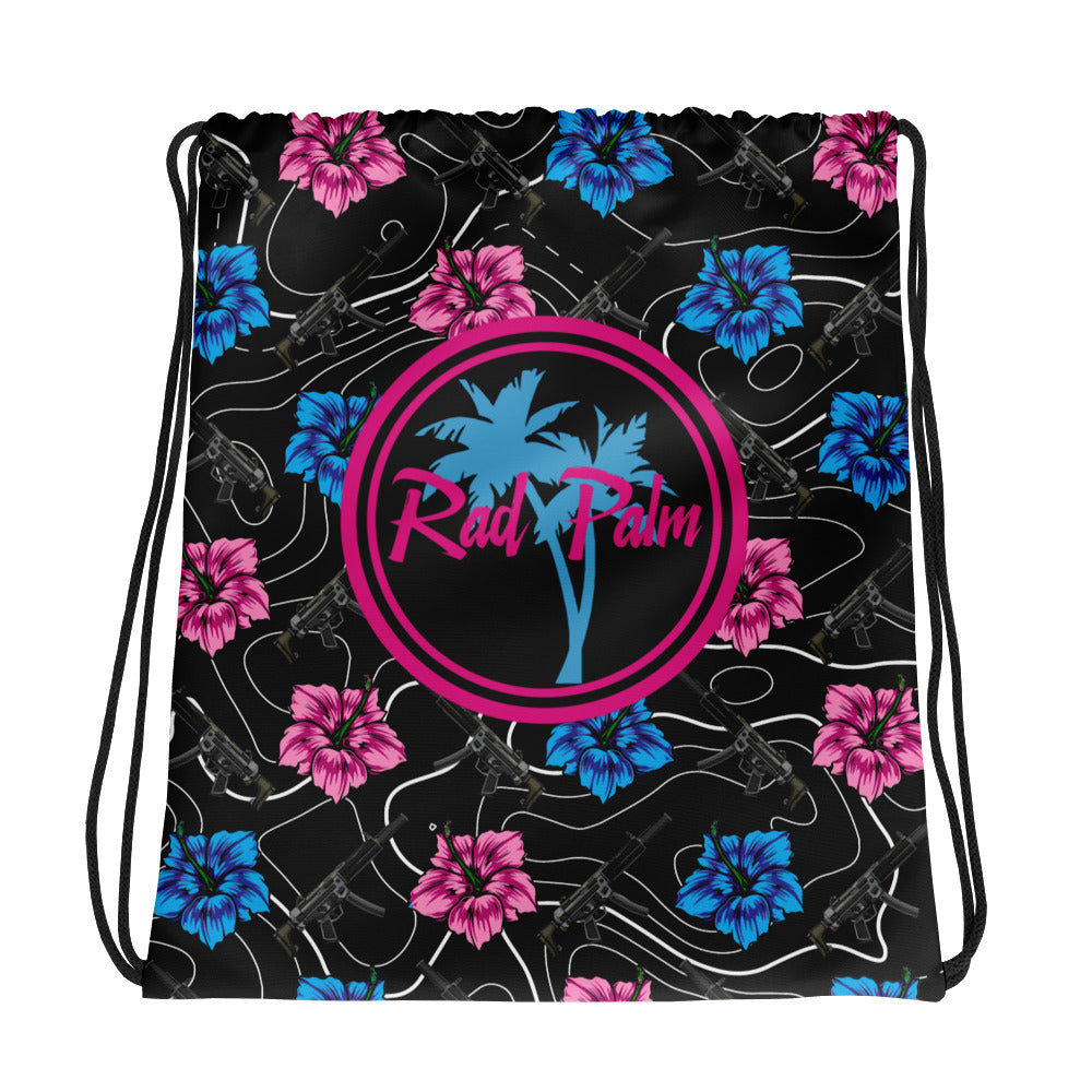 Rad Palm High Capacity Hibiscus Black Drawstring Bag
