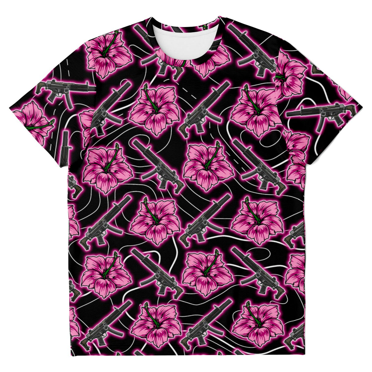 Camiseta unisex negra neón Hibiscus de alta capacidad de Rad Palm 