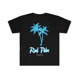 Camiseta unisex de estilo suave con palmeras de hibisco azul Rad Palm 